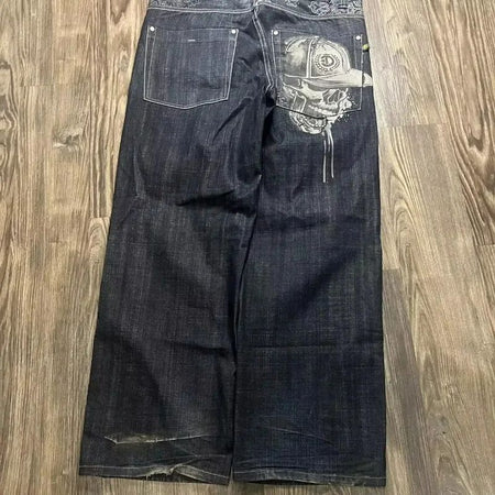 Y2K American New Trend Hip-hop Gothic Embroidered Jeans Men's Street Harajuku Leisure Loose Straight Wide-leg Pants Unisex Jeans