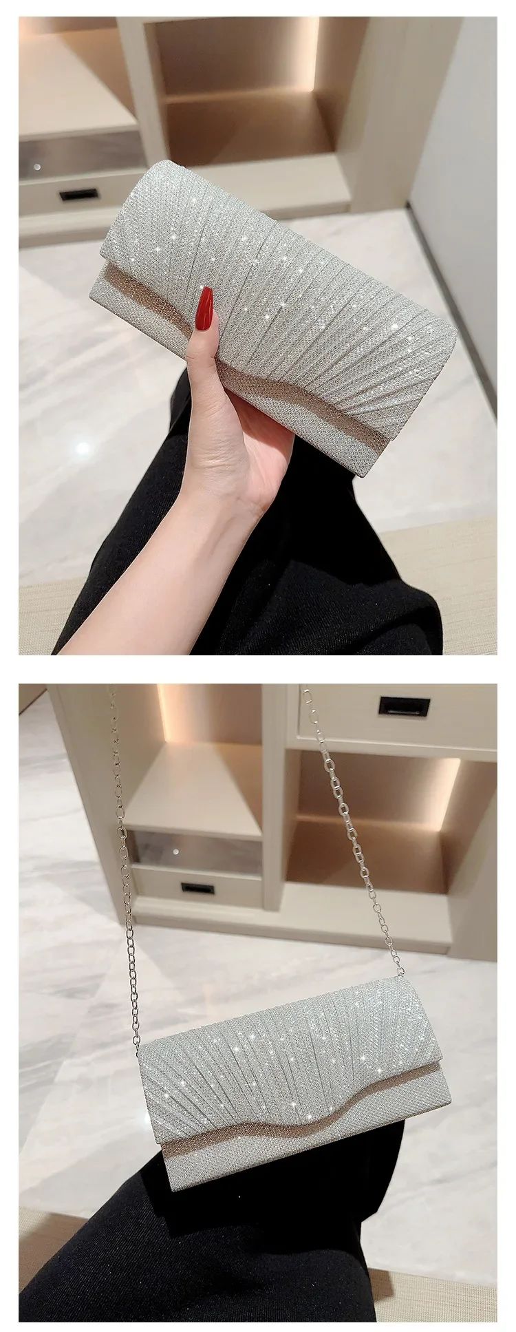 Wedding Party Handbag Ladies Glitter Silver Clutch Bag Envelope Evening Bag Fashion Elegant Long Purse Women Chain Shoulder Bags