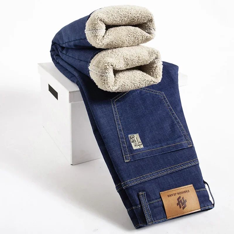 2025 New Classic  Men's Business Casual Velvet Jeans Winter Chinese Embroidery Straight Loose Warm Thick Pants
