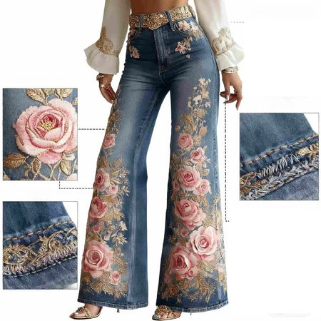 Women's Floral Embroidered High Waist Flared Jeans Vintage Boho Wide Leg Denim Pants for Party and Daily Outfits