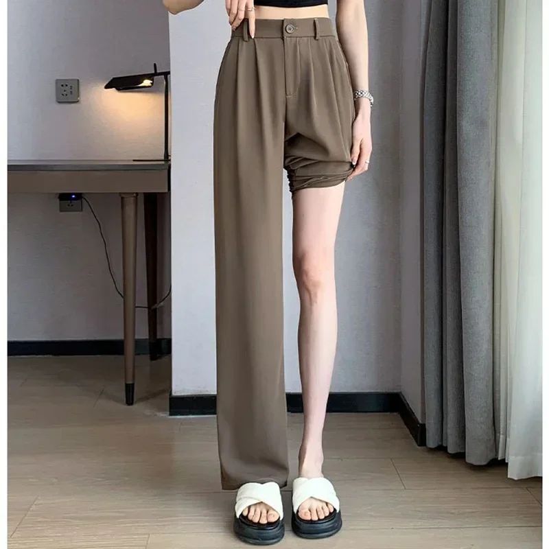 Women Full Length Pants Lady Baggy High Waist Wide Leg Solid Color Trousers Lady Straight Leg Mom Classic Office Pants Slacks