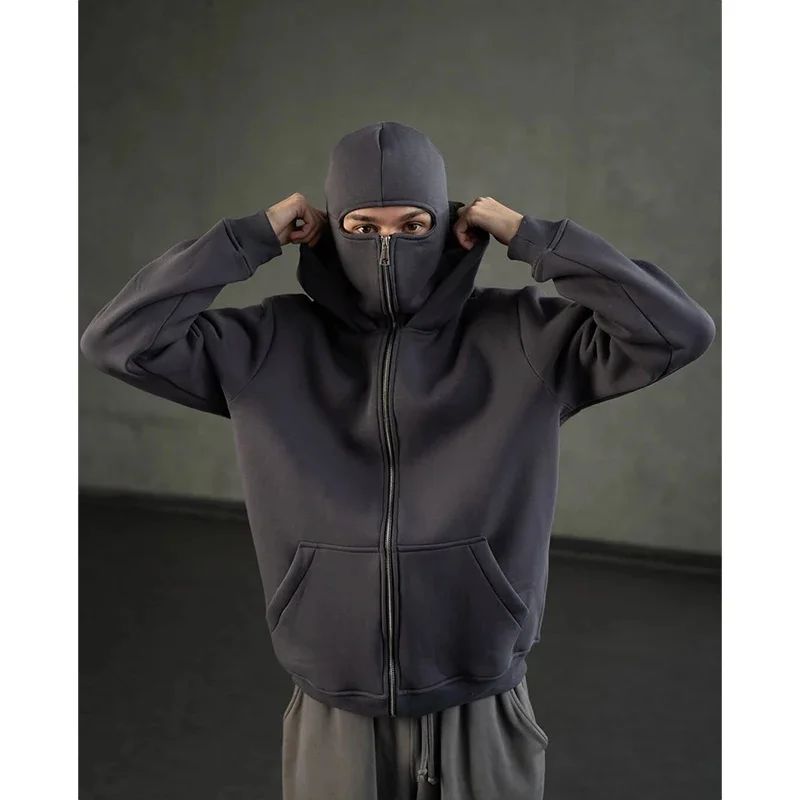 Men and women Balaclava Y2K Gothic Harajuku winter new item double hooded sweatshirt men's hooded mask zipper sportswear