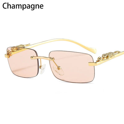 Rimless Square Sunglasses Women Men Luxury Brand Designer Popular Travel Driving Metal Leopard Head Sun Glasses Shade Eyewear