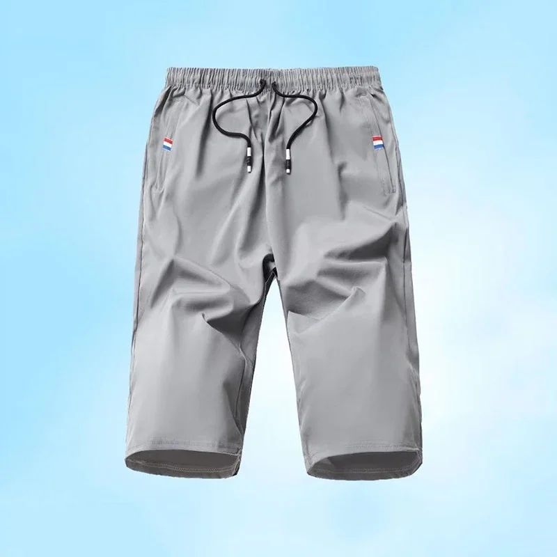 Sport Loose Over Silk Knee Length Pants 2025 Men New Summer Thin Shorts Male Casual Quick Dry Ice Silk Zipper Pocket Capri Pants