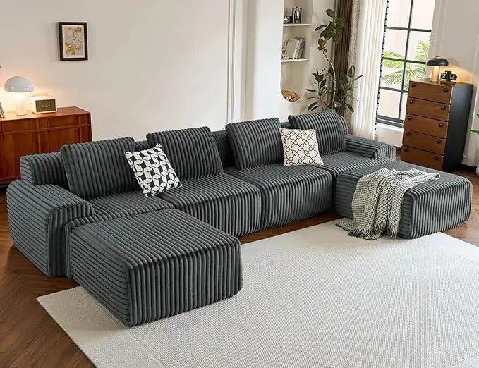 Oversized U-Shaped Corduroy Sectional Sofa Set with 2 Ottomans Deep Seat Boneless Comfortable Living Room Couch