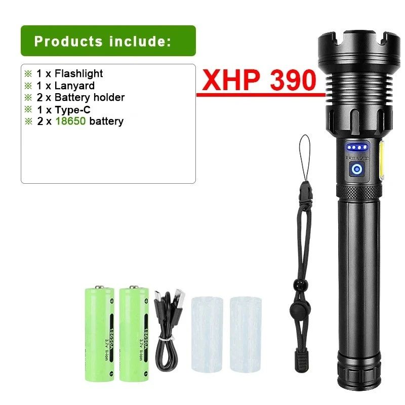 High Power Led Flashlight XHP390 High Lumen 10000000 Rechargeable Most Strong Light Lamp Tactical Lantern Camping Outdoor Torch