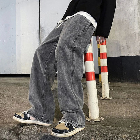 Spring Autumn New Men's Jeans Japanese Vintage Elastic Waist Casual Straight-leg Pants Trendy Wide-leg Trousers Loose Fit