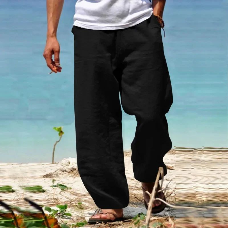 Men's Linen Beach Pants Breathable Loose Straight Trousers Male Summer Casual Solid Color Japanese Streetwear