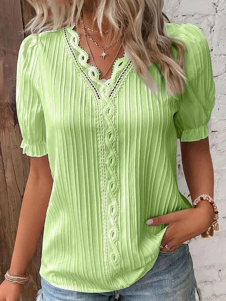 2025 Summer New Women's Blouse Top Solid Sexy V-Neck Hollow Short Sleeve Fashion Splice Plus Size Loose Street Apparel Shirt