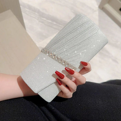 Ladies Glitter Silver Clutch Bag Envelope Evening Bag Fashion Elegant Long Purse Women Chain Shoulder Bags Wedding Party Handbag