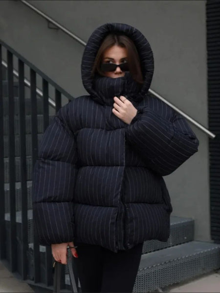 Women's Pinstripe Oversized Puffer Jacket Full Sleeve Detachable Hood Zipper Warm Coat 2025 Autumn Winter Female Casual Wear