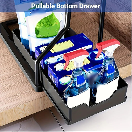 Space Saving 2 Tier Under Sink Organizer,Pull Out Storage Box Durable Large Capacity Kitchen Bathroom Essential Drawer Organizer