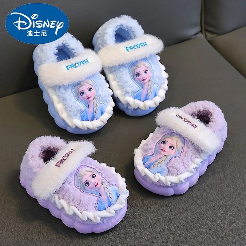 Disney Princess Elsa Winter Children's Cotton Home Slippers Frozen Girl's Snow Non Slip Warm Baby Slippers Pink Blue Size 26-35