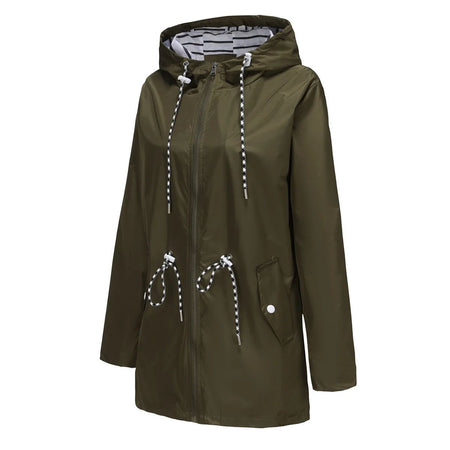 Blue Waterproof Hooded Jacket Women Fashion Casual Coat Waist Drawstring Tie Zipper Switch Red Green Yellow Black Windbreaker