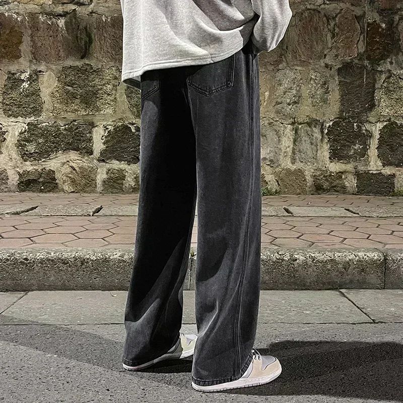 Men Straight Leg Blue Gray Loose Y2K Drawstring Jeans Streetwear Casual Wide Denim Pants Male Baggy Stylish Harajuku Trousers