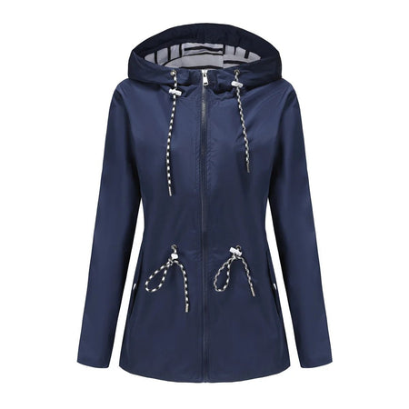 Blue Waterproof Hooded Jacket Women Fashion Casual Coat Waist Drawstring Tie Zipper Switch Red Green Yellow Black Windbreaker
