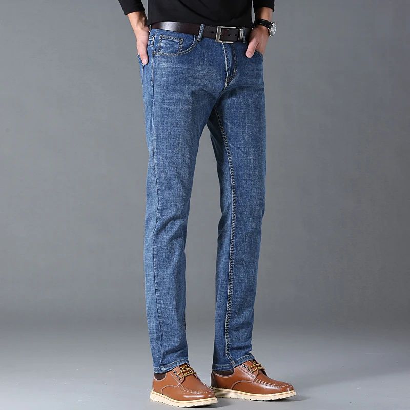 Spring Autumn Business Men Jeans Casual Straight Stretch Fashion Classic Black Sky Blue Grey Work Denim Trousers Brand Clothing