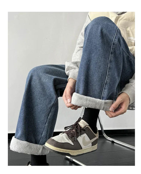 4 Colors Winter Fleece Men's Jeans Baggy Straight Elastic Waist Denim Pants Fashion Korean Thickened Warm Male Thermal Trousers