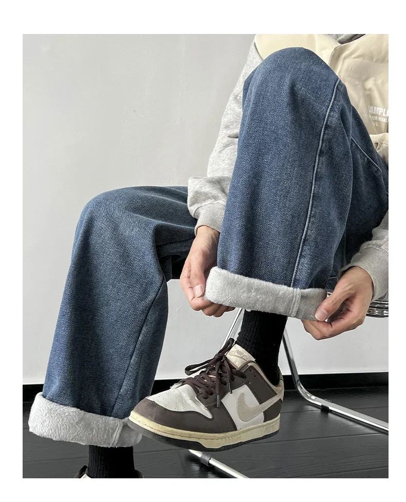 4 Colors Winter Fleece Men's Jeans Baggy Straight Elastic Waist Denim Pants Fashion Korean Thickened Warm Male Thermal Trousers