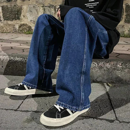 Spring Autumn New Men's Jeans Japanese Vintage Elastic Waist Casual Straight-leg Pants Trendy Wide-leg Trousers Loose Fit