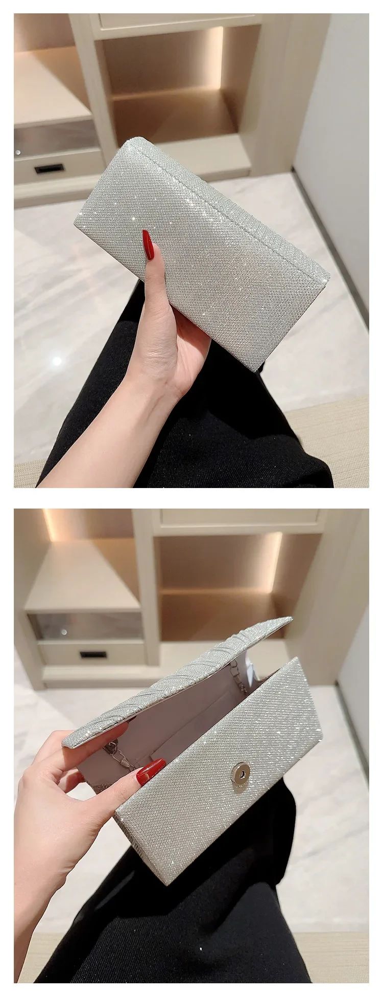 Wedding Party Handbag Ladies Glitter Silver Clutch Bag Envelope Evening Bag Fashion Elegant Long Purse Women Chain Shoulder Bags