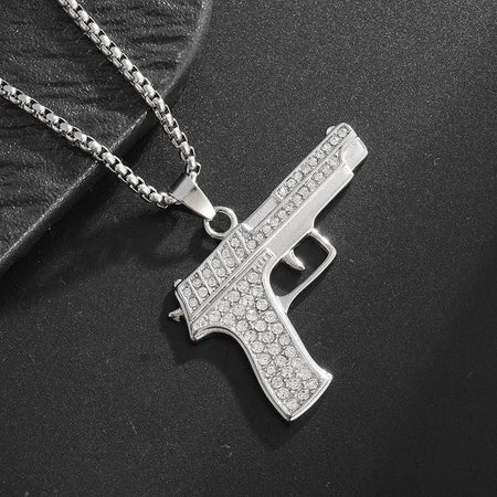 Bling Iced Out Pistol Pendant Submachine Gun Necklace Men Personality Hip Hop Rock Punk Cool Street Party Jewelry Gift