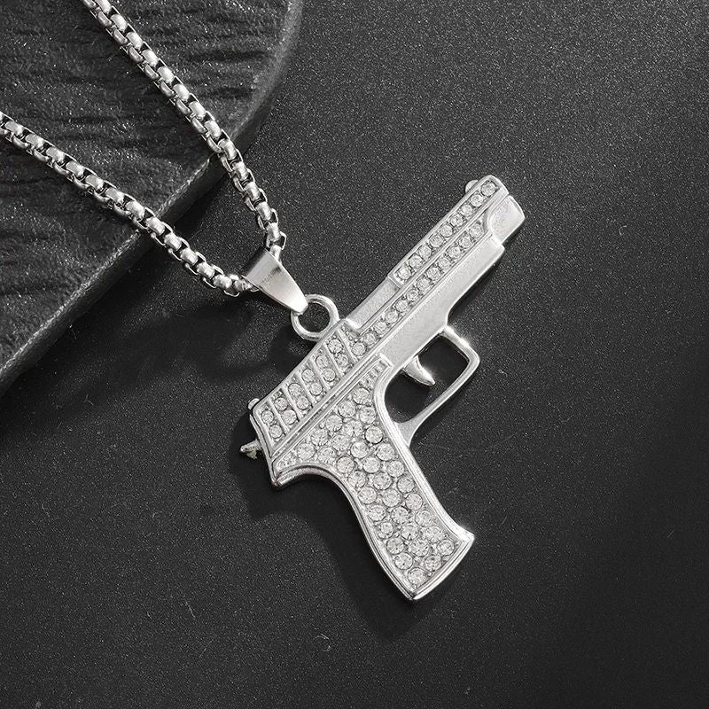 Bling Iced Out Pistol Pendant Submachine Gun Necklace Men Personality Hip Hop Rock Punk Cool Street Party Jewelry Gift