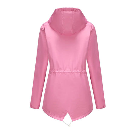 Blue Waterproof Hooded Jacket Women Fashion Casual Coat Waist Drawstring Tie Zipper Switch Red Green Yellow Black Windbreaker