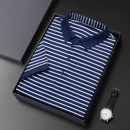 2024 Men's New Striped Cotton Business Casual Short Sleeved POLO Shirt Fashion Short Sleeved Comfortable and Breathable Top