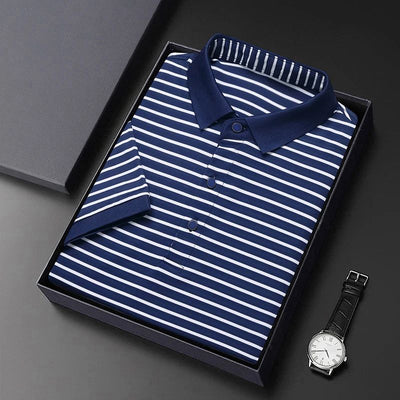 2024 Men's New Striped Cotton Business Casual Short Sleeved POLO Shirt Fashion Short Sleeved Comfortable and Breathable Top