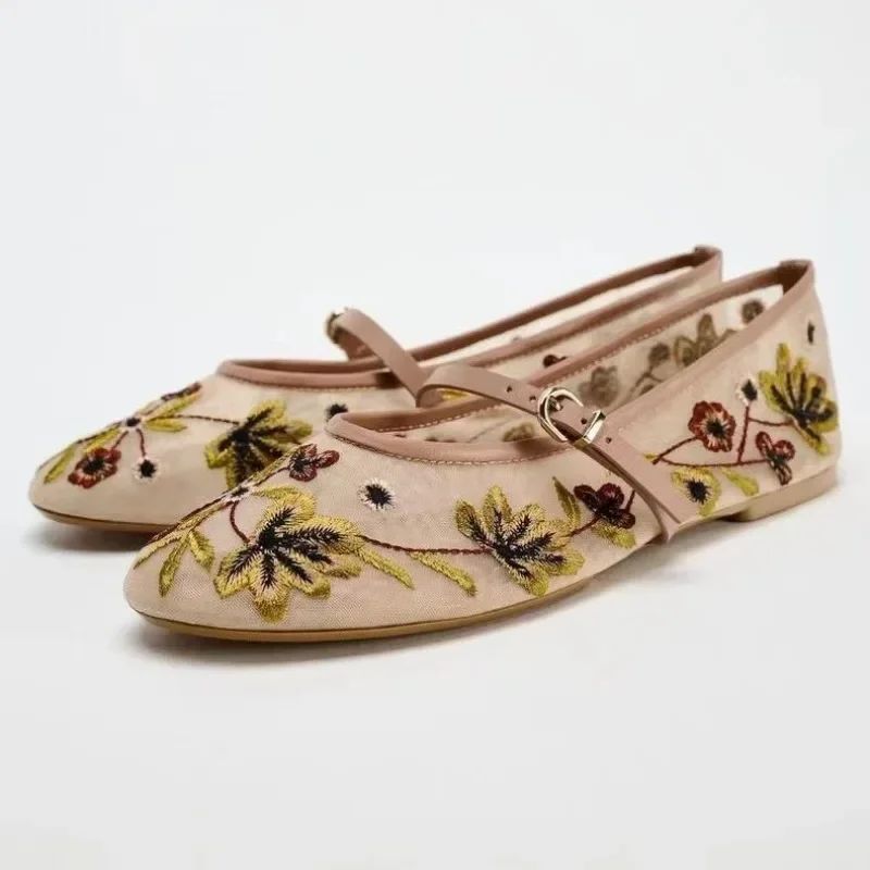 New Mesh Breathable Ballet Flats Women Luxury Designer Embroidered Flower Mary Jane Shoes Light Comfort Low Heeled Summer Flats