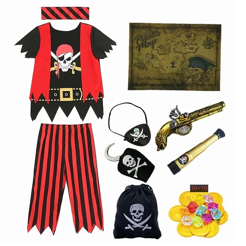 3-12Y Pirate Dress Up Costume with 7 Piece Toy Set Skull Print Top Halloween Cosplay Carnival Show Outfit Boys & Girls Holiday