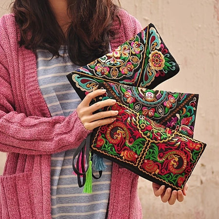 Ethnic Floral Embroidery Long Wallet Wristlet Clutch Bag Phone Vintage Embroidered Wristlet Clutch Evening Bag Wallets for Women