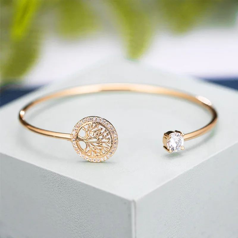 Europe and America Style Simple Delicacy Embed Zircon Tree of Life Bangle Elegance  for Women Open Mouths Bracelet Paty Jewelry