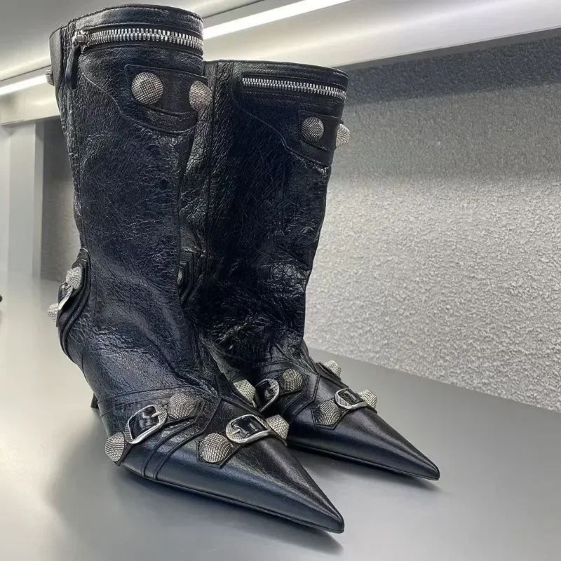 Women's Sexy Stiletto High Heels with Rivet Decoration, Wide Barrel Knee Length Boots, European and American Fashion Show Boots