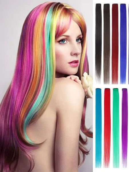 Colored Highlight 22 Inch Synthetic Hair Extensions Rainbow Long Straight Hairpieces for Women Kids Girls Purple Pink Blue