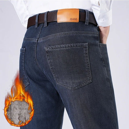 Men's Fleece Straight Leg Jeans Winter Thick Warm Business Casual Velvet Pants Elastic Loose Trousers Outdoorwear