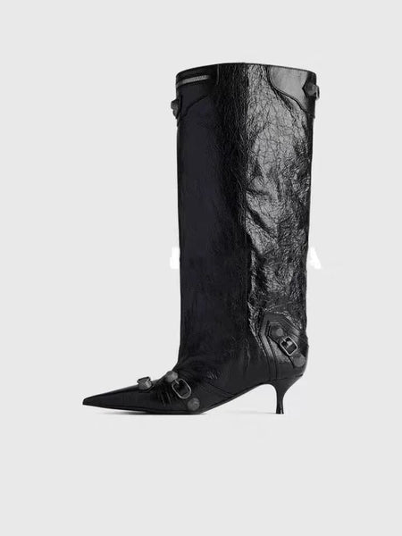 Women's Sexy Stiletto High Heels with Rivet Decoration, Wide Barrel Knee Length Boots, European and American Fashion Show Boots