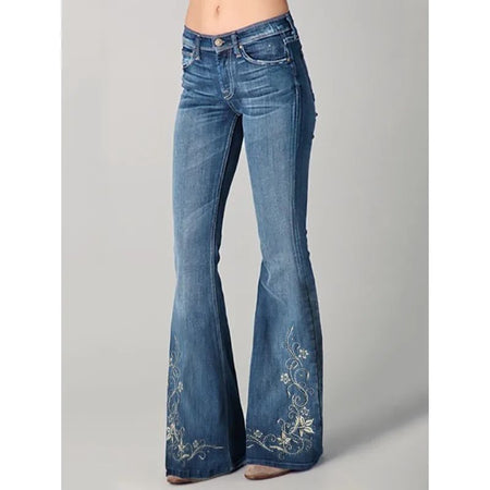 Women's Floral Embroidered High Waist Flared Jeans Vintage Boho Wide Leg Denim Pants for Party and Daily Outfits