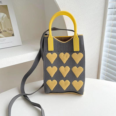 Korean Fashion Heart Knitted Mini Square Handbag for Women Small Mobile Phone Shoulder Bags Girls Cute Outdoor Crossbody Bags