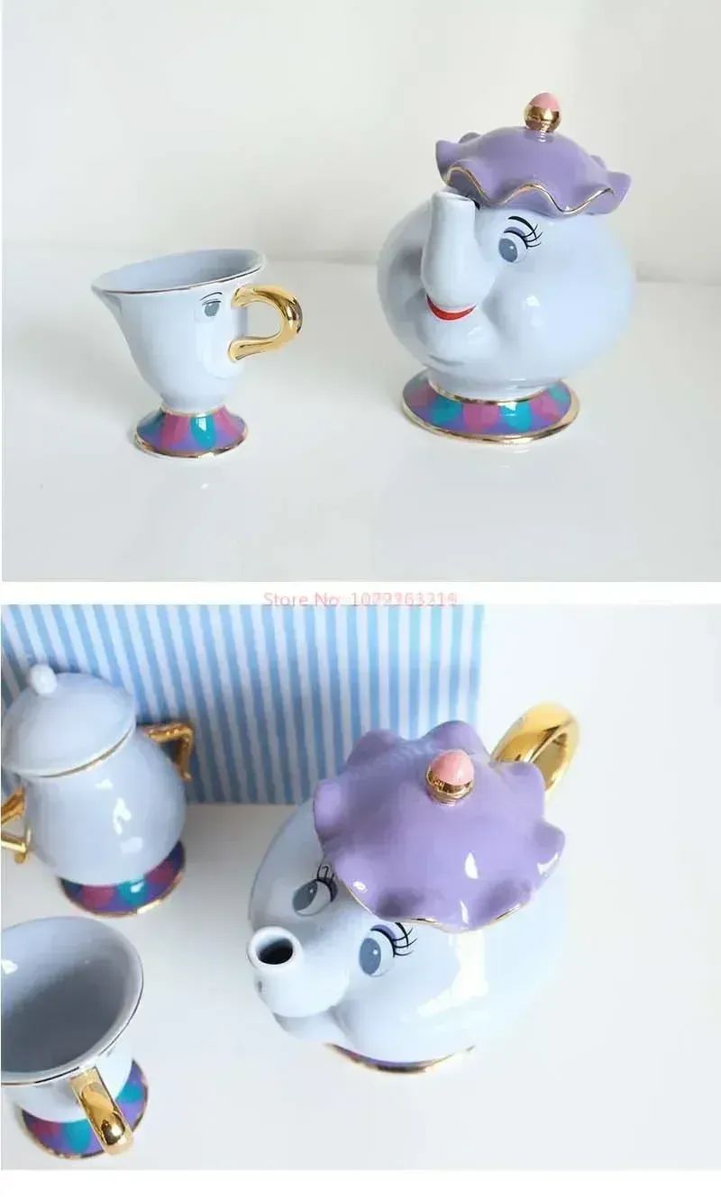 Disney Teapot Cute Cartoon Beauty And The Beast Coffee Pots Mug Mrs Potts Chip Cup Tea Cup Pots One Tea Set Droshipping Desk Gif