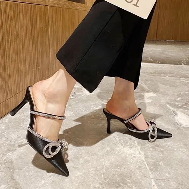 Imitation Sandals and Butterfly Knot for Women, High Heels, Narrow Slippers, Party Bombs, Luxury Wedding Shoes, Summer Fashion