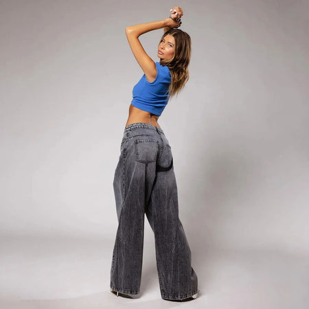 Gradient Color Bell Bottom Jeans Women's Loose Straight American Casual High Street New Autumn Pants High Waist Denim