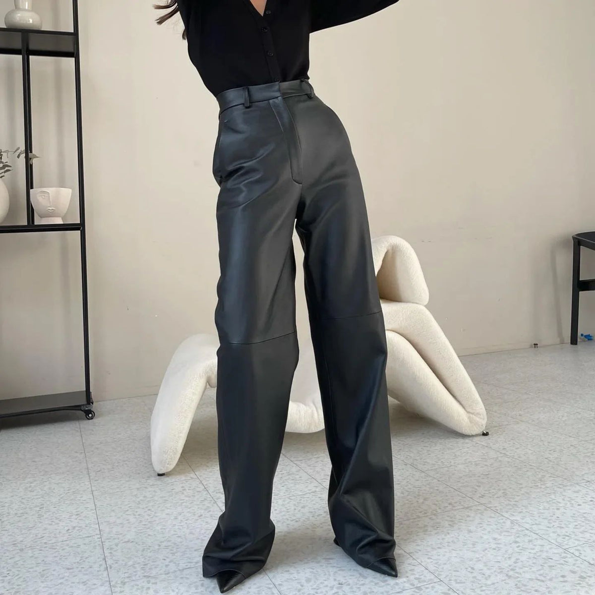 Women's Trousers Spring Fashion PU Leather Mid High Waist Lifting Hip Straight Leg Casual Women's Pants