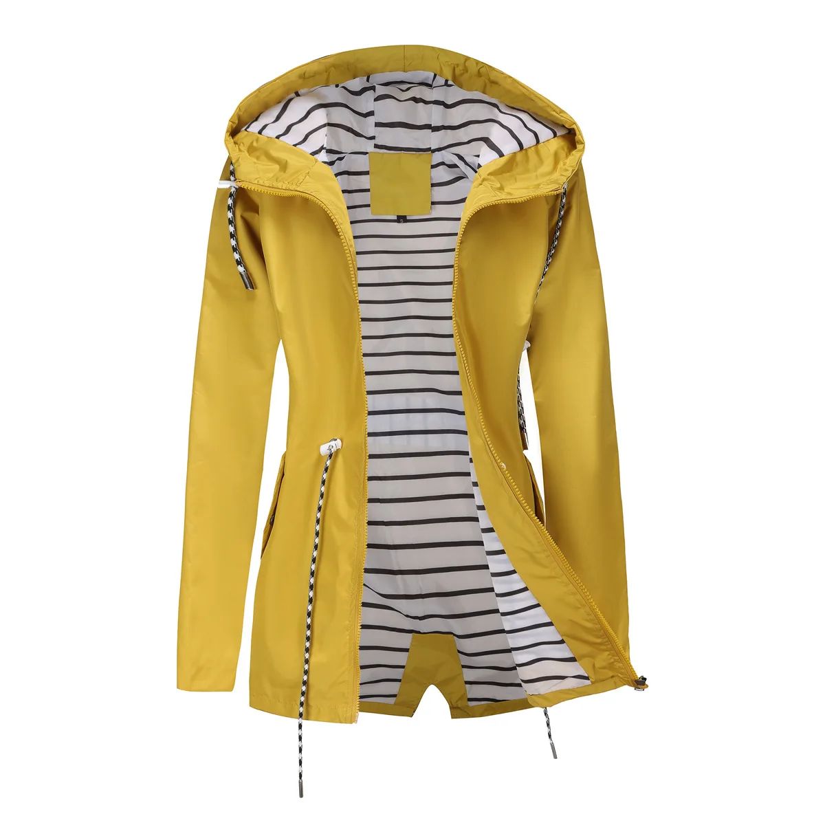 Blue Waterproof Hooded Jacket Women Fashion Casual Coat Waist Drawstring Tie Zipper Switch Red Green Yellow Black Windbreaker