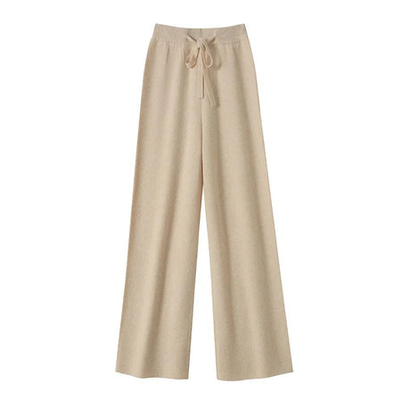 Spring Autumn Women High Waist Wool Wide Leg Pants Solid Soft Warm 100% Merino Wool Knitted Trousers Belt Casual Korean Fashion