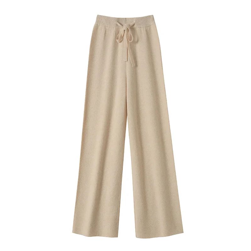 Spring Autumn Women High Waist Wool Wide Leg Pants Solid Soft Warm 100% Merino Wool Knitted Trousers Belt Casual Korean Fashion