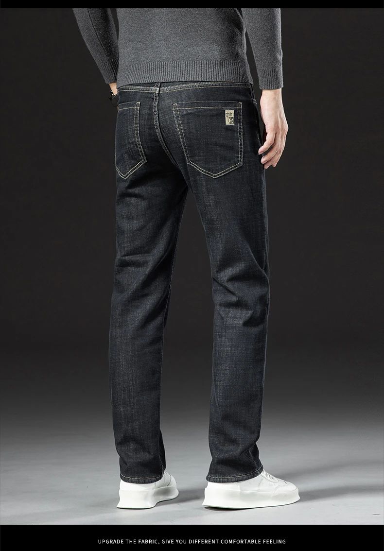 2025 New Classic  Men's Business Casual Velvet Jeans Winter Chinese Embroidery Straight Loose Warm Thick Pants
