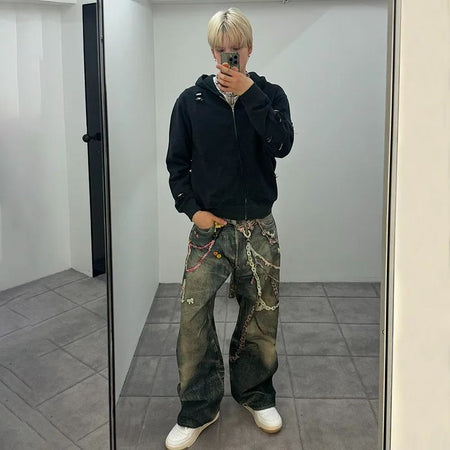 American High Street 3D Digital Print Candy Chain Weathered Knife Straight Leg Casual Jeans for Men And Women