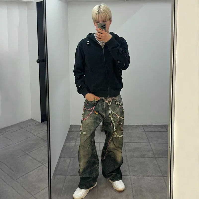 American High Street 3D Digital Print Candy Chain Weathered Knife Straight Leg Casual Jeans for Men And Women